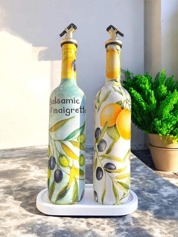 El Yapımı Limon & Zeytin Desenli Cam Yağdanlık & Sirkelik Seti | Şık Mutfak Dekoru & Özel Ev Hediyesi - Image 1