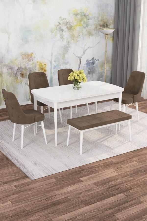 Arven Serisi 80x132 Açılabilir MDF Beyaz Mutfak Masa Takımı 4 Sandalye 1 Bench - Image 1