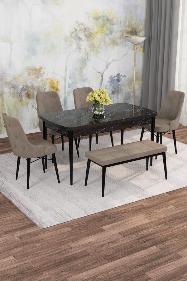 Arven Serisi 80x132 Açılabilir MDF Siyah Mermer Desen Mutfak Masa Takımı 4 Sandalye 1 Bench - Image 1