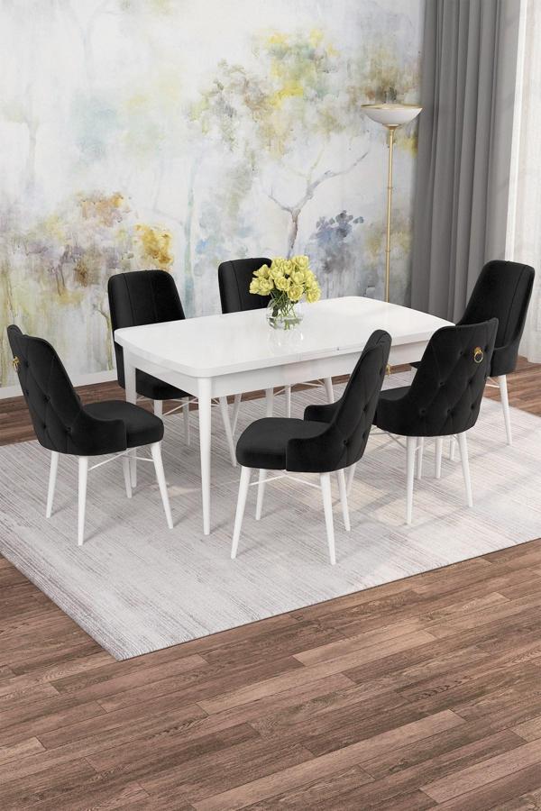 Arven Serisi 80x132 Açılabilir MDF Beyaz Mutfak Masa Takımı 6 Sandalye - Image 1