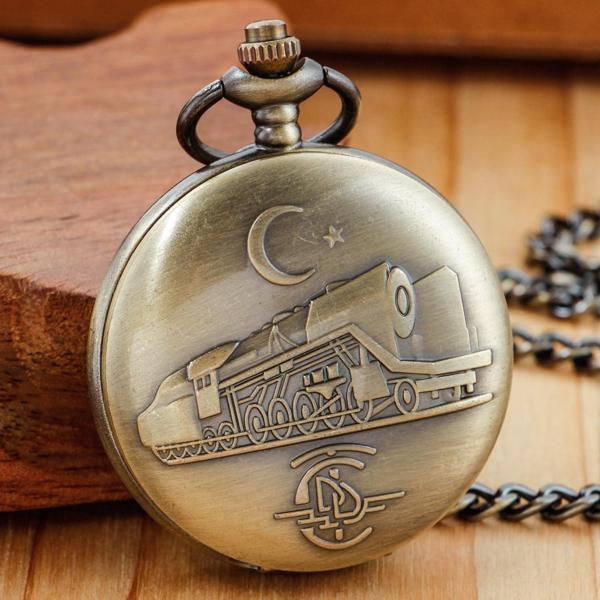 Valkyrie TCDD Nostalji Tren ve Ay Yıldız Kabartmalı Retro Bronz Koleksiyonluk Kutulu Zincirli Köstekli Saat - Image 1