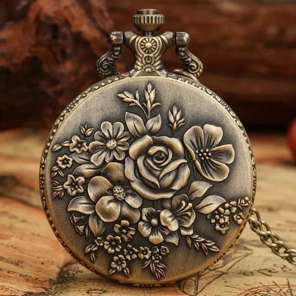 Valkyrie Zarif Kabartma Çiçek Desenli Vintage Bronz Cep Saati - Kolye Köstekli Retro Hediye - Image 1