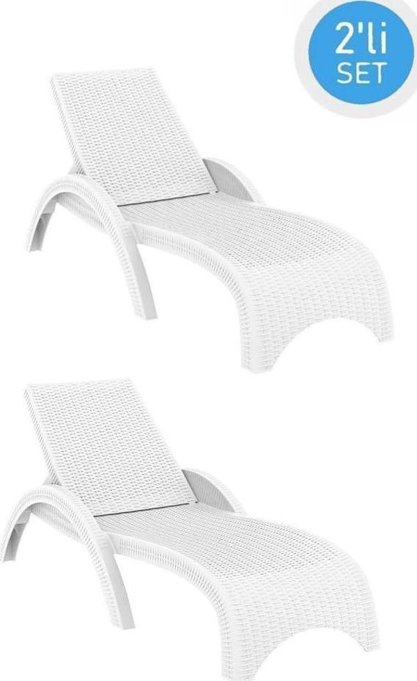 Omnipazar TRK-860 Siesta Fiji Rattan Desenli Ayarlanabilir Lüks Şezlong Beyaz 2'li Set - Image 1