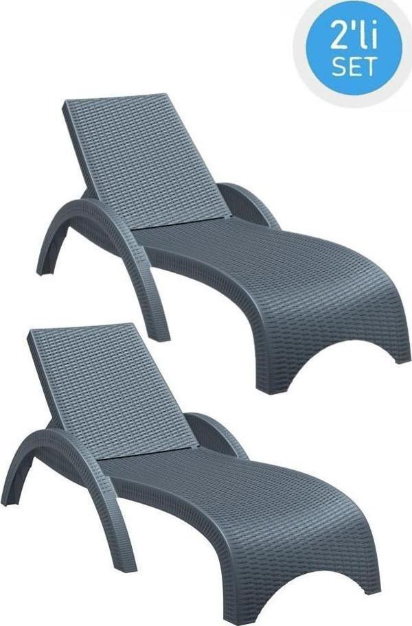 Omnipazar TRK-860 Siesta Fiji Rattan Desenli Ayarlanabilir Lüks Şezlong Koyu Gri 2'li Set - Image 1