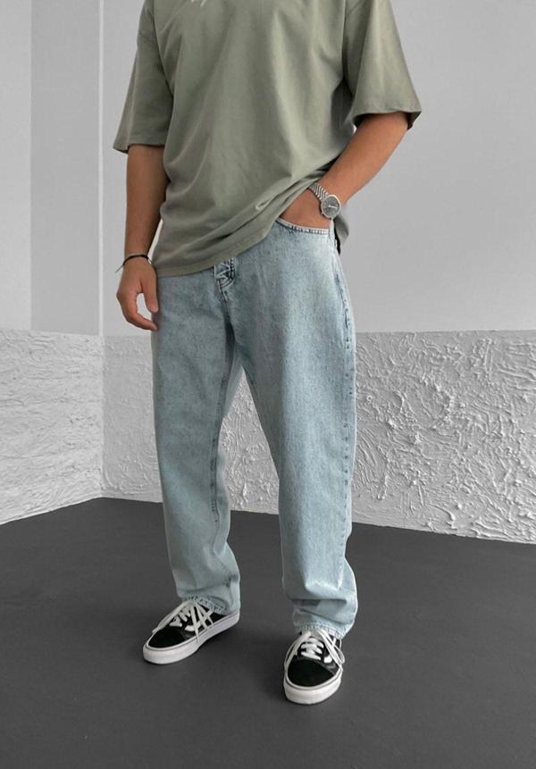 Baggy Rahat Kalıp Açık Mavi Asit Yıkamalı Kot Pantolon - Image 1