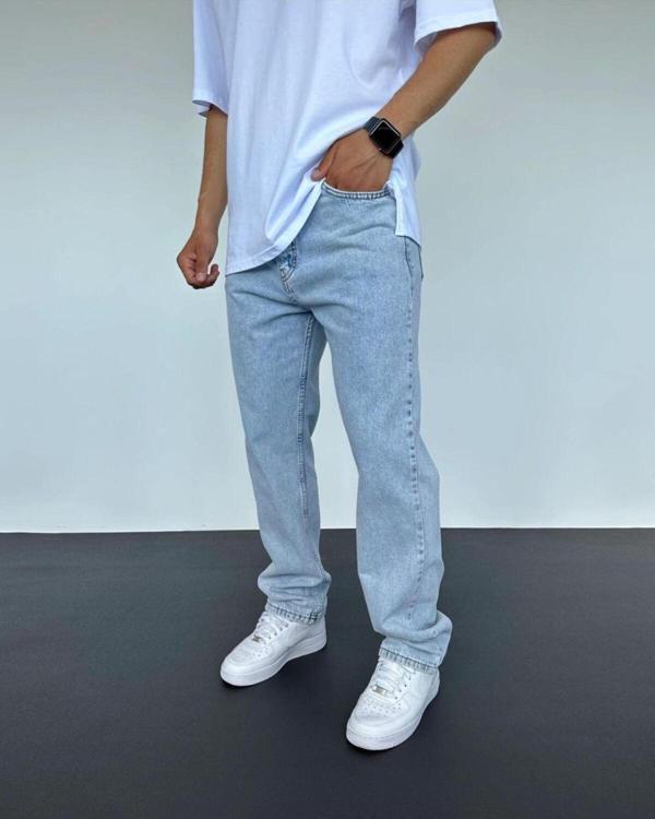 YIKAMALI KUMAŞ BUZ MAVİ BAGGY JEAN PANTOLON - Image 1