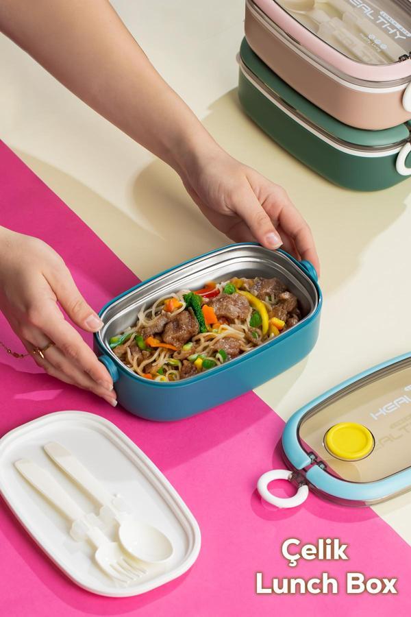 Posima 3114-1 Stainless Steel Vakumlu Lunch Box Tek Katlı Paslanmaz Çelik Kolay Kilitlenir Kendinden Kaşıklı Sefer Tası – 750ml Mavi - Image 1
