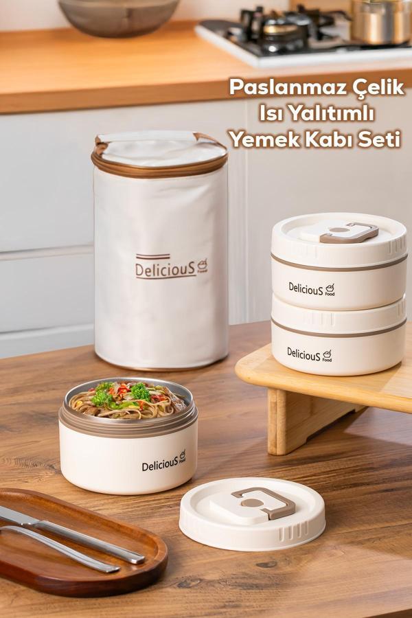 Porsima 3112 Isı Yalıtımlı Çanta Paslanmaz Çelik 3 Parça Vakumlu Yemek Termosu Beslenme Kutusu Taşınabilir Lunch Box Sefer Tası - Image 1