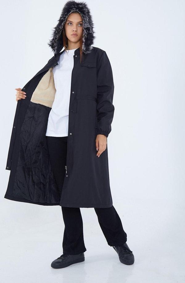 Kmk Kombin Büyük Beden Battal Bondik Kadın Içi Bele Kadar Kürklü Su Geçirmez Belden Sıkmalı Mont - Image 1