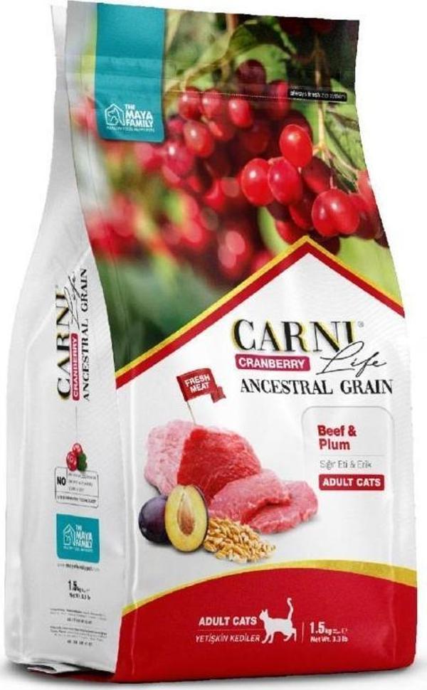 Carni Life Kızılcık Sığır Etli ve Erikli Yetişkin Kedi Maması 1.5 Kg - Image 1