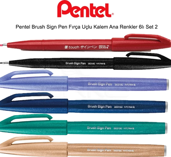 Pentel Brush Sign Pen Fırça Uçlu Kalem Ana Renkler 6lı Set 2 - Image 1