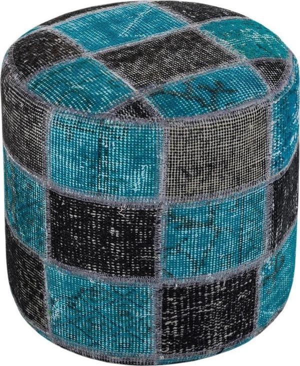 Grandhedef Halı Siyah Turkuvaz Rengi El Dokuma Patchwork Puf - Image 1