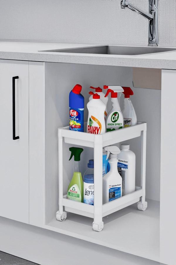 Flex Elite Pro 2 Katlı Beyaz Tekerlekli Çok Amaçlı Banyo & Mutfak Düzenleyici Raf - Evye Altı Deterj - Image 1
