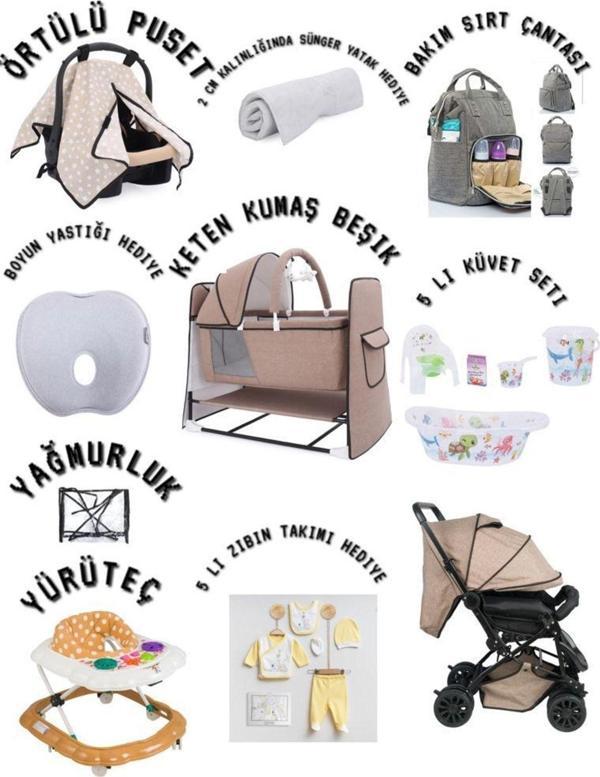 Almira Kids 19 Parça Bebek Çeyiz Seti Keten Kumaş Oyuncaklı Beşik Bebek Arabası Zıbın Takımı Yürüteç Puset Küvet - Image 1