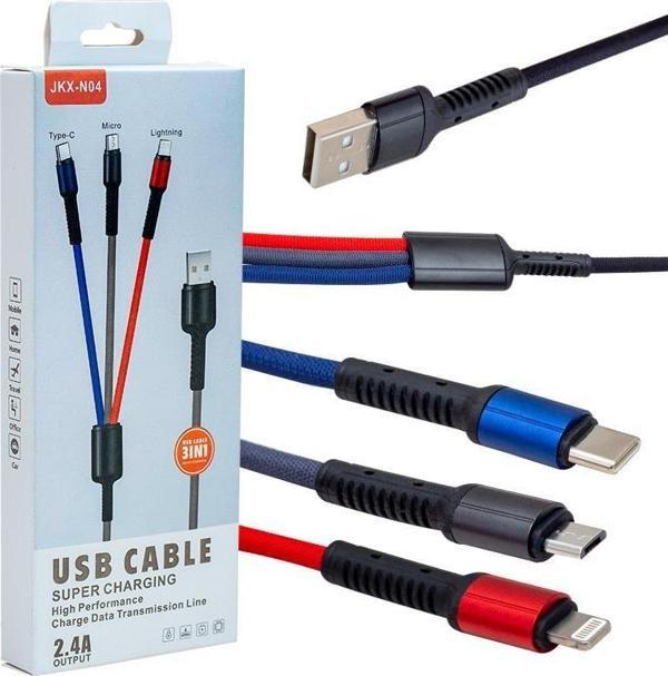 Powermaster JKX-44 Usb To Micro Usb Type-C Lightning 3’lü 2.4 Amper Şarj Kablosu - Image 1