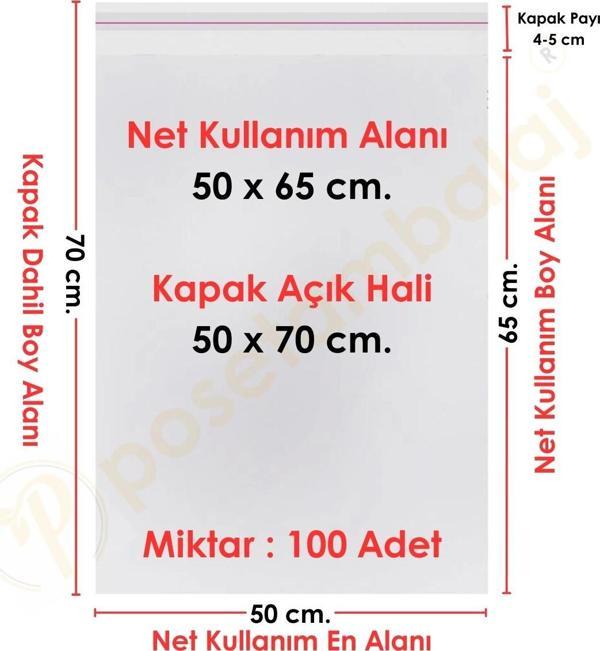 50x65+5 cm.(50x70) 100 Adet Şeffaf Bantlı Yapışkanlı Jelatin Poşet - Image 1
