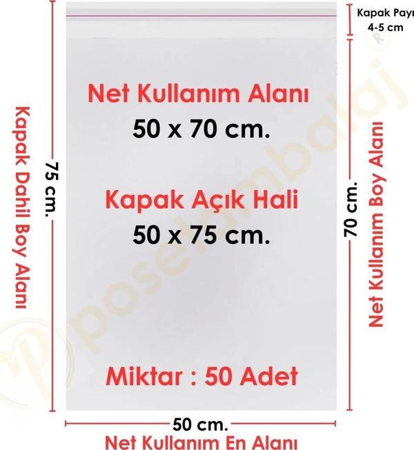 50x70+5 cm.(50x75) 50 Adet Şeffaf Bantlı Yapışkanlı Jelatin Poşet - Image 1