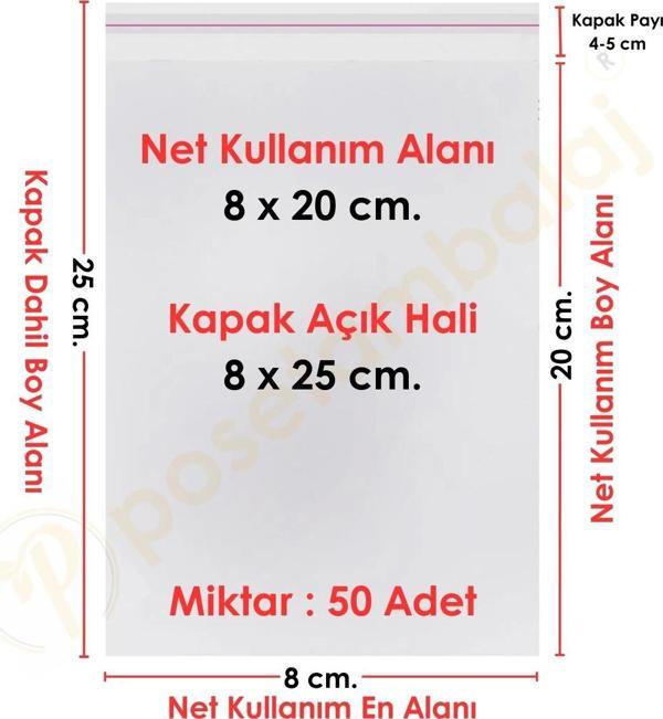 8x20+5 cm.(8x25) 50 Adet Şeffaf Bantlı Yapışkanlı Jelatin Poşet - Image 1