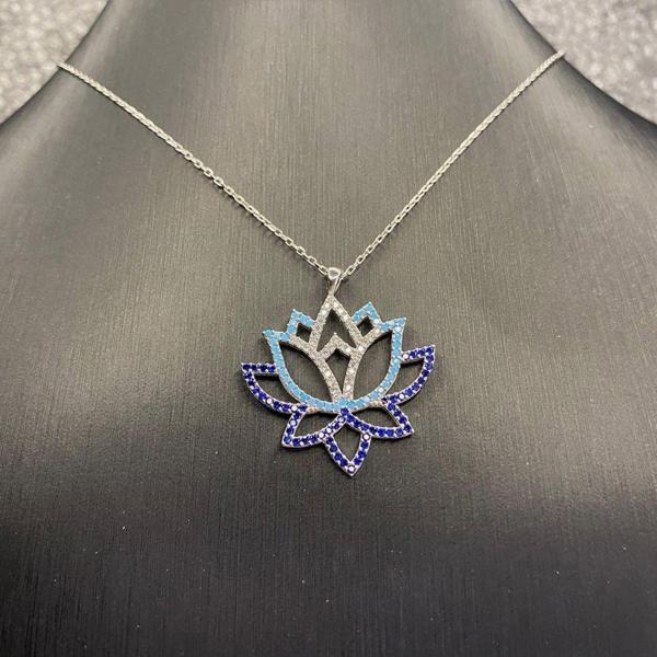 925 Ayar Gümüş Mavi Zirkon Taşlı Lotus Zarafeti Kolye - Image 1
