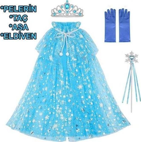 Frozen Elsa Pelerin Taç Asa ve Eldiven Seti 80 cm - Image 1