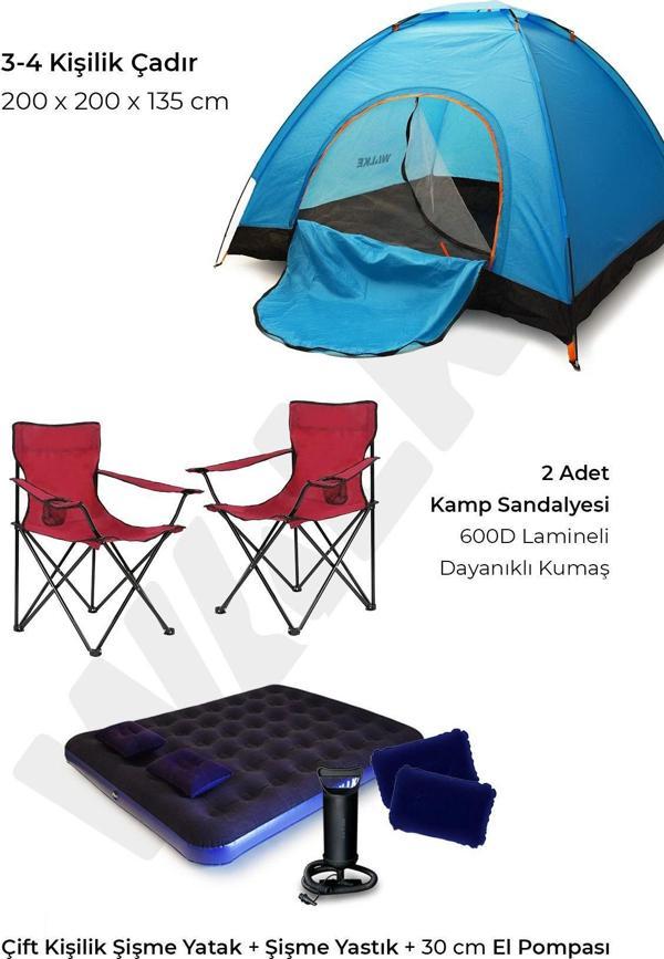 Walke Lüks Kamp Seti 4 Kişilik Çadır Çift Kişilik Yatak 2 Adet Kırmızı Sandalye 2 Yastık Pompa - Image 1
