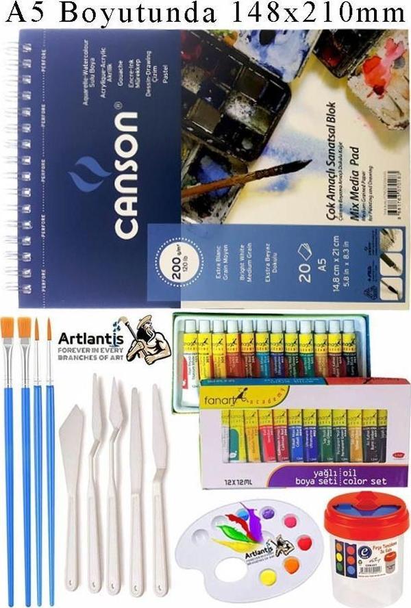 Canson Çok Amaçlı Sanatsal Blok A5 200 gr 20 Yaprak 1 Adet Fanart 12 Renk Yağlı Boya Fırça Palet Spatula Fırça Temizleme - Image 1