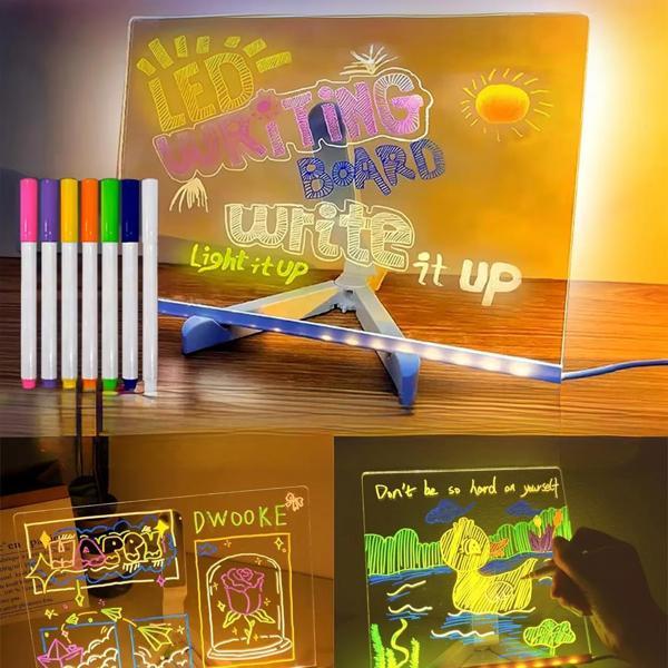 Ayt Sunup SN-27126 Dekoratif Led Aydınlatmalı Işıklı Şeffaf Işıltılı Yazı Çizim Resim Panosu Tableti 7 Renk Kalemli Set - Image 1