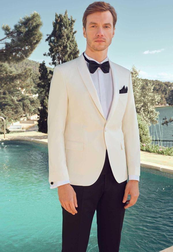  Erkek Beyaz Cello Slim Fit Şal Yaka Damatlık - Image 1