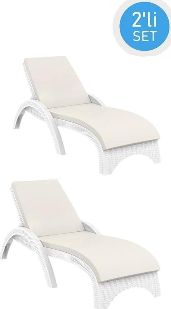 Omnipazar TRK-860 Siesta Fiji Bej Minderli Rattan Desenli Ayarlanabilir Lüks Şezlong Beyaz 2'li Set  - Image 1