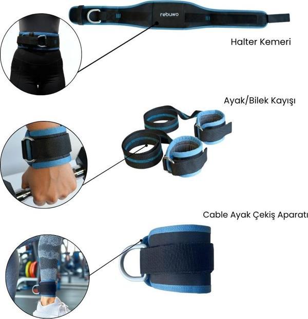 Rebuwo 3'lü Fitness Seti | Halter Kemeri(90 cm) + Ayak/Bilek Kayışı + Cable Ayak Çekiş Aparatı - Image 1