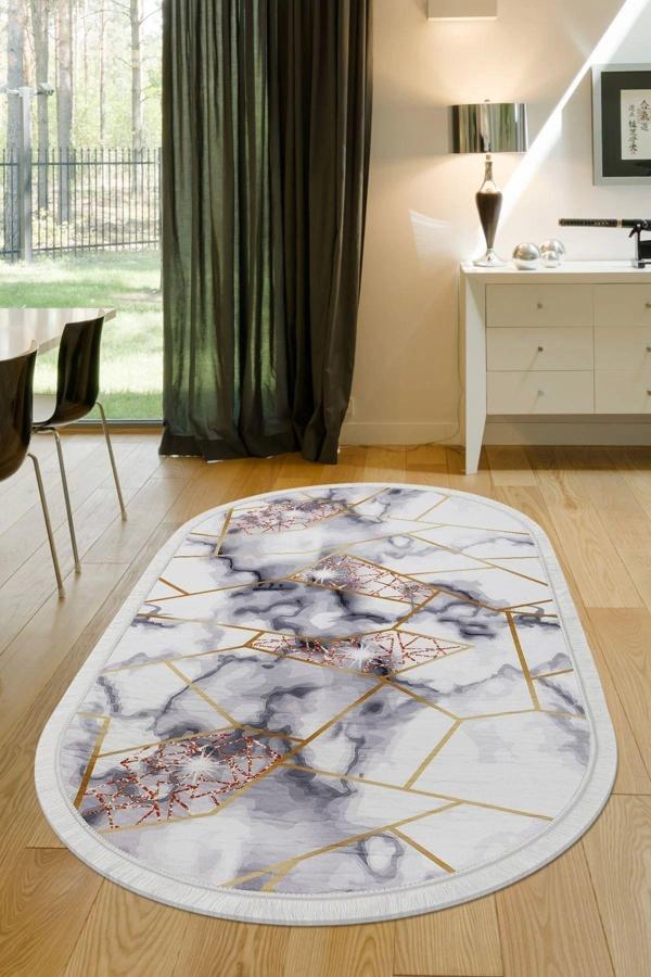 Halı Gold Kristal Yıkanabilir Saçaklı Oval Kesme Ince Yolluk Kilim Salon Halısı Modelleri - Image 1
