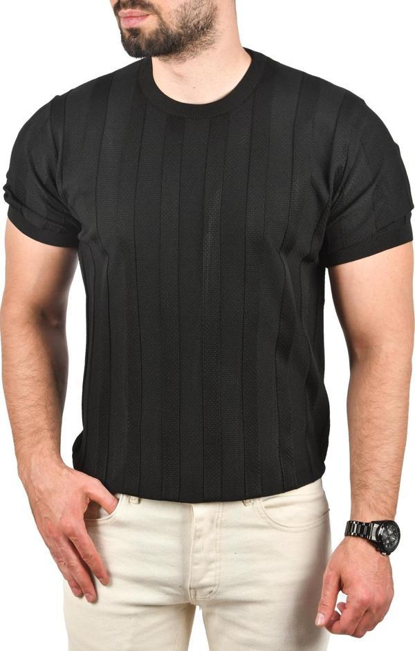 DeepSEA Erkek Siyah Dar Kesim Pamuklu Triko Tişört Slim Fit Nefes Alan Bisiklet Yaka Tişört 2504348 - Image 1