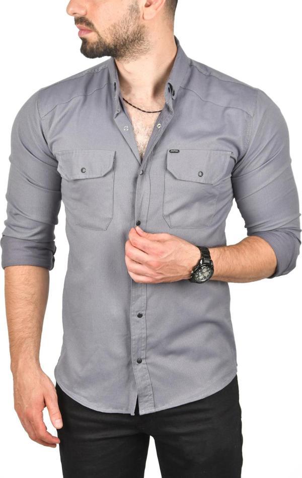 DeepSEA Erkek Füme Likralı İnce Fitilli Çıtçıtlı Çift Cepli Dar Kesim Gabardin Gömlek 2300421 - Image 1