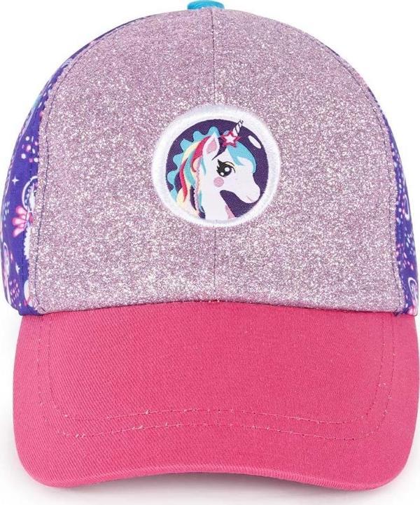 Milk&Moo Ayris 7-10 Yaş Kız Şapkası - Unicorn Temalı, Simli, Pembe-Mor, Ayarlanabilir Yazlık - Image 1