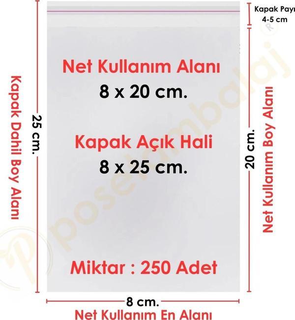 8x20+5 cm.(8x25) 250 Adet Şeffaf Bantlı Yapışkanlı Jelatin Poşet - Image 1