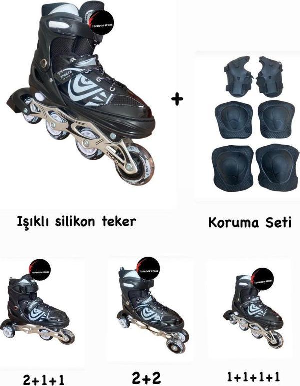Toprockstore Işıklı Çocuk Pateni Ayarlanılabilir Alıştırma Silikon Tekerli Frenli Metal Gövdeli Paten Dizlik Set 30-33 - Image 1