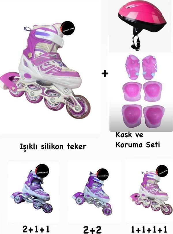 Toprockstore Işıklı Çocuk Pateni Ayarlanılabilir Silikon Tekerli Frenli Metal Gövdeli Paten Ve Kask Dizlik Set 30-33 - Image 1