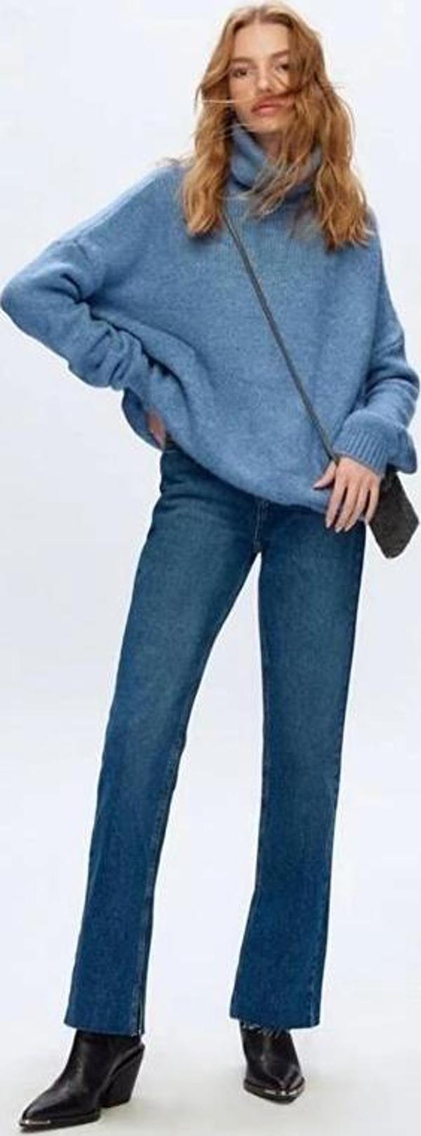 Balıkçı Yaka Oversıze Örme Kadın Kazak - Image 1