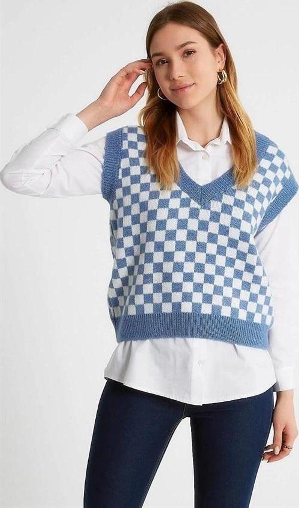 Dama Desenli Örme Oversıze Kadın Triko - Image 1