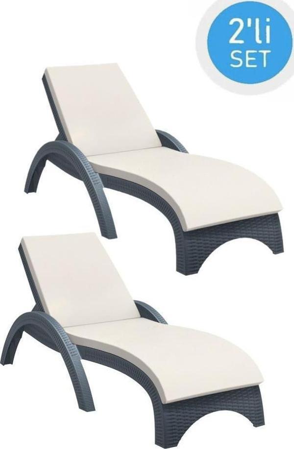 Omnipazar TRK-860 Siesta Fiji Bej Minderli Rattan Desenli Ayarlanabilir Lüks Şezlong Koyu Gri 2'li Set - Image 1