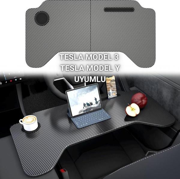 Polham Tesla Model 3 ve Model Y İle Uyumlu Araç İçi Çalışma Masası, Bardaklı, Telefon Standlı Tepsi - Image 1