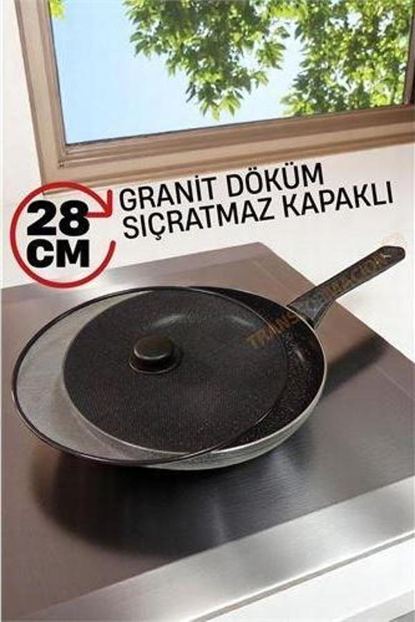 Granit Döküm Tava Yağ Sıçratmaz Kapaklı -Yapışmaz Taban 28 Cm - Image 1