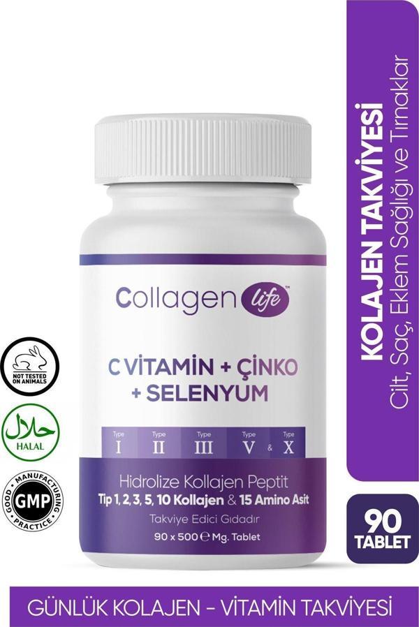 Colagen Life , 5 Tip Kolajen Tip 1 , 2 , 3 , 5 , 10 ( Selenyum , C Vitamini , Çinko ) 90 Tablet - Image 1