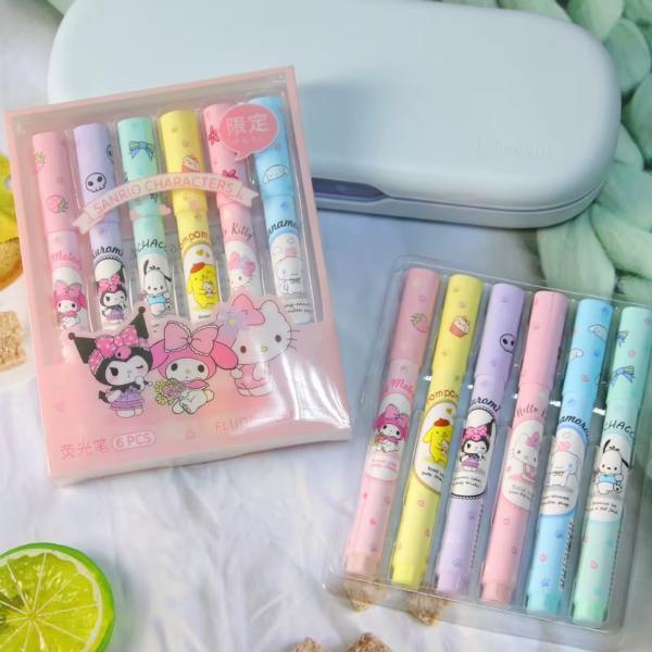 6'lı Fosforlu Kalem Seti - Sanrio Karakterleri, Kuromi, Hello Kitty - Image 1