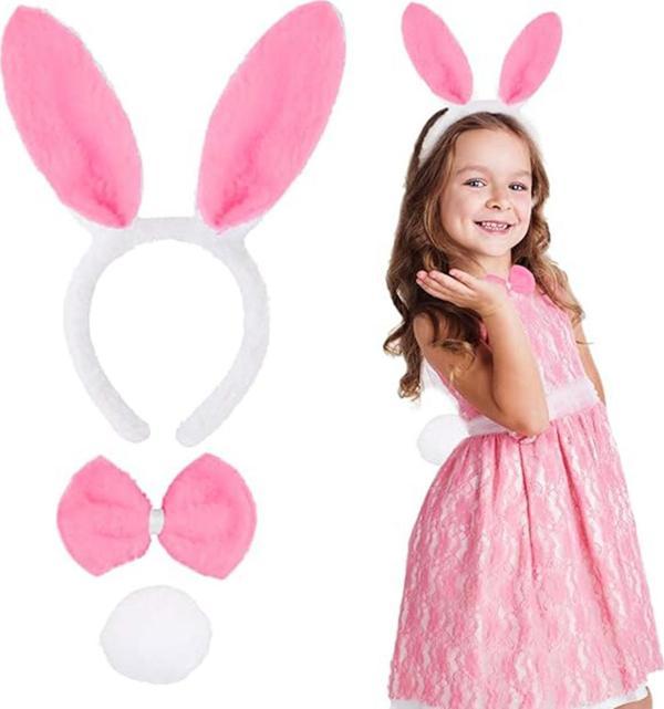 Pembe Tavşan Kostüm Seti – Taç, Papyon, Ponpon (12’li Paket) - Image 1
