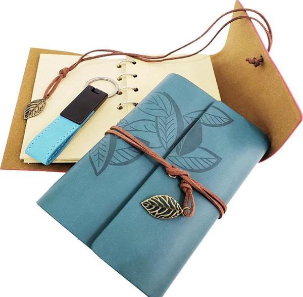 Özel Ahşap Kutulu Mavi Deri Defter ve Anahtarlık Seti - Image 1