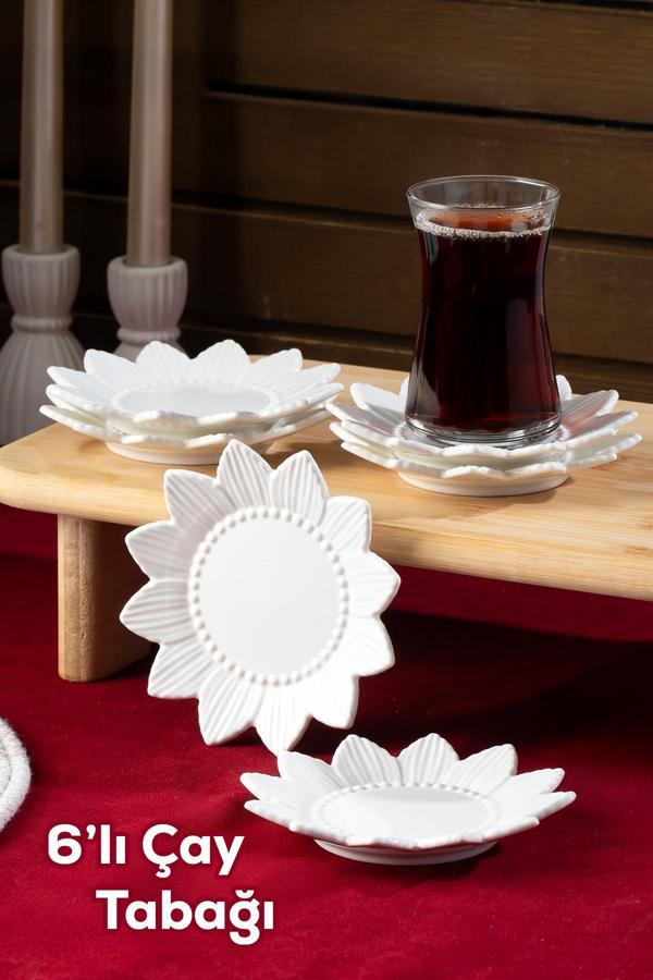 Porsima 2338 Güneş Motifli 6lı Porselen Çay Tabağı Seti Beyaz - 11,5cm - Image 1
