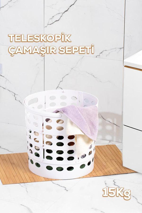 Porsima 25100 Teleskopik Katlanır Sepet Katlanabilir Çamaşır Sepeti Orta Boy Katlanır Çamaşır Sepeti Beyaz 15LT - Image 1
