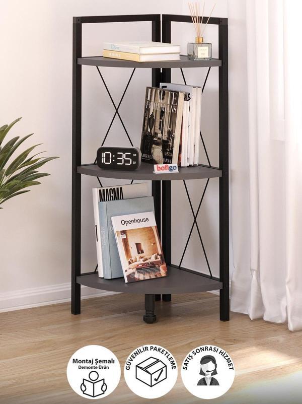 Bofigo 3 Raflı Metal Köşe Kitaplık Rafı Dekoratif Aksesuar Rafı Antrasit - Image 1