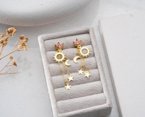 925 ayar papatya silver gökyüzü küpesi<rose,gold,rodaj>güneş,ay,yıldız - Image 1
